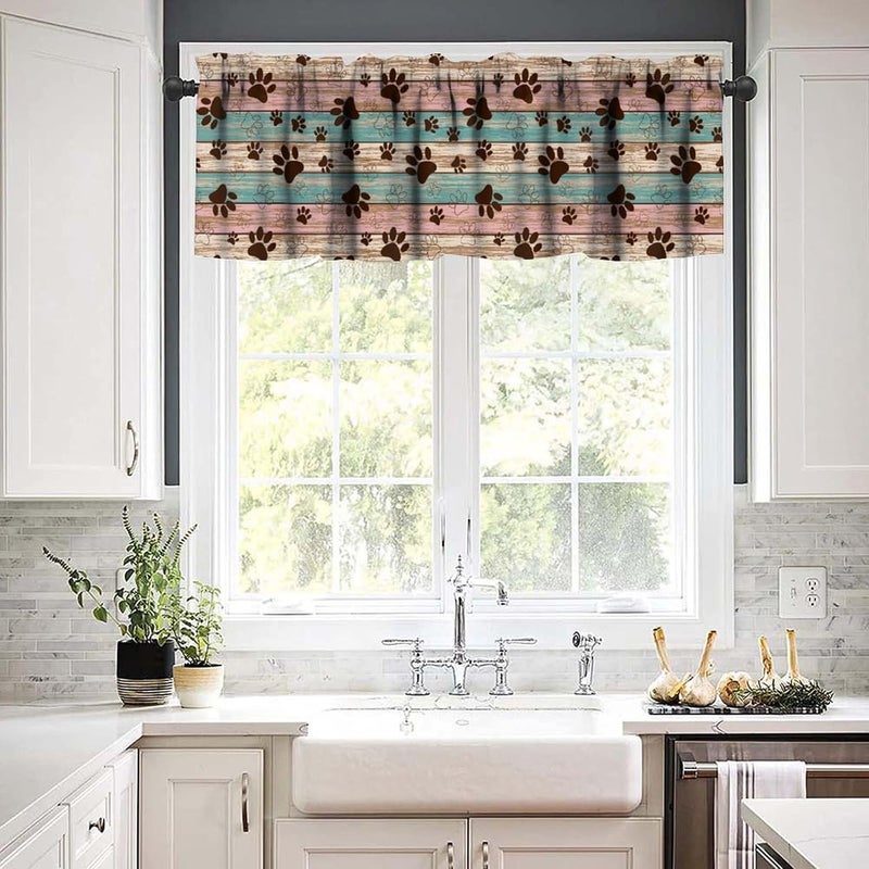YSWOW Dog Paw Print Valance Curtain for Teens Kids Bedroom Decor Rustic Wood Board Puppy Paws Art Printed Window Drapes Decor W54xL18in Fabric 1 Panel - Image 5